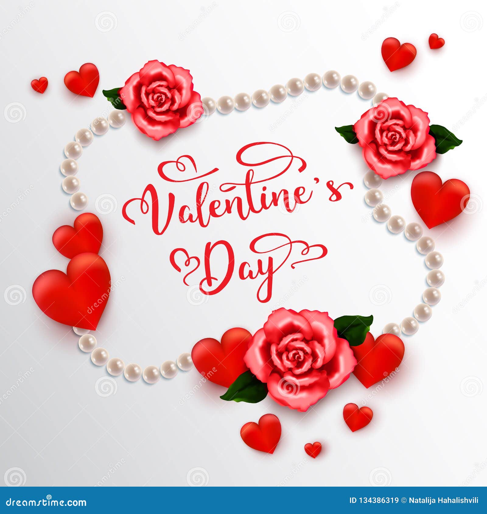 Valentine`s day, holiday objects on white background. Vector illustration. Hearts, pearl beads and flowers