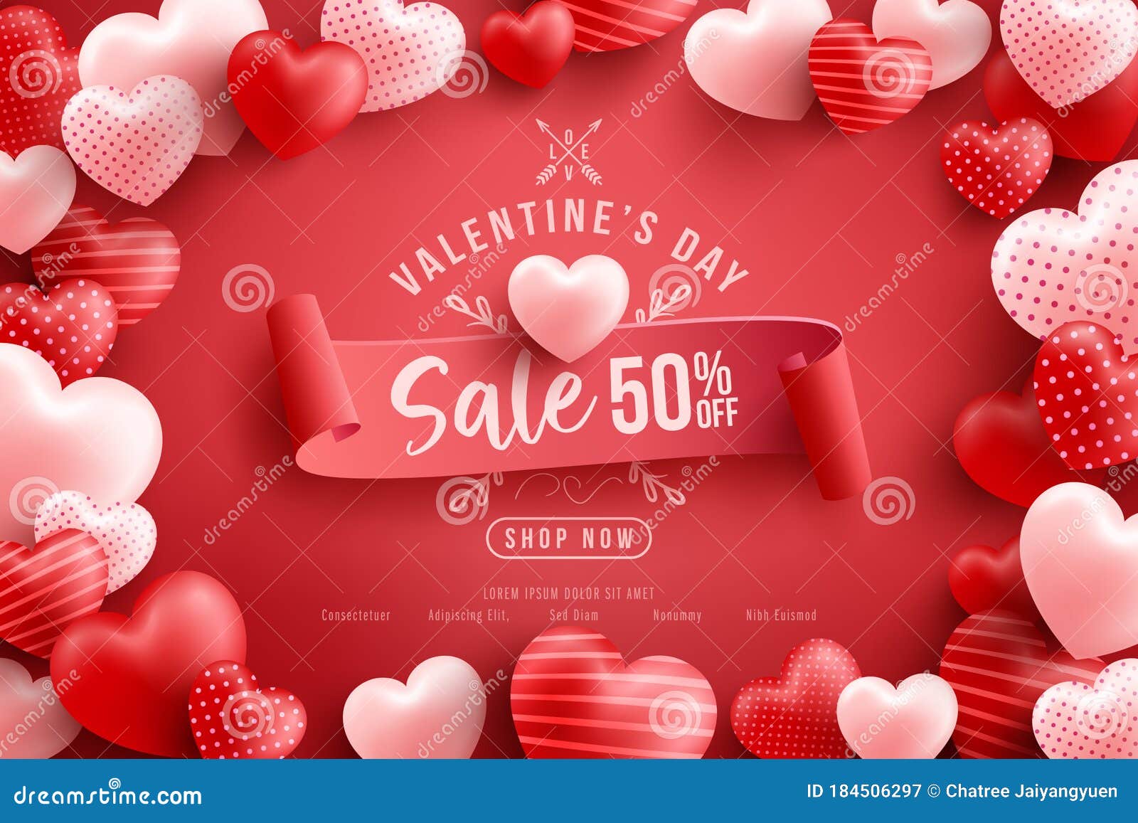 valentine`s day sale 50% off poster or banner with many sweet hearts and on red background.promotion and shopping template or
