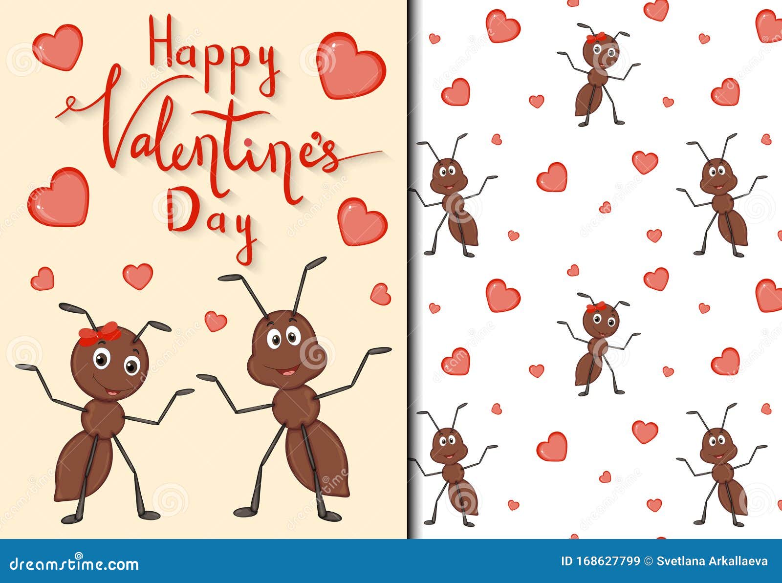 Valentine`s Day Set of Pattern and Postcard with Cute Ants. Cartoon