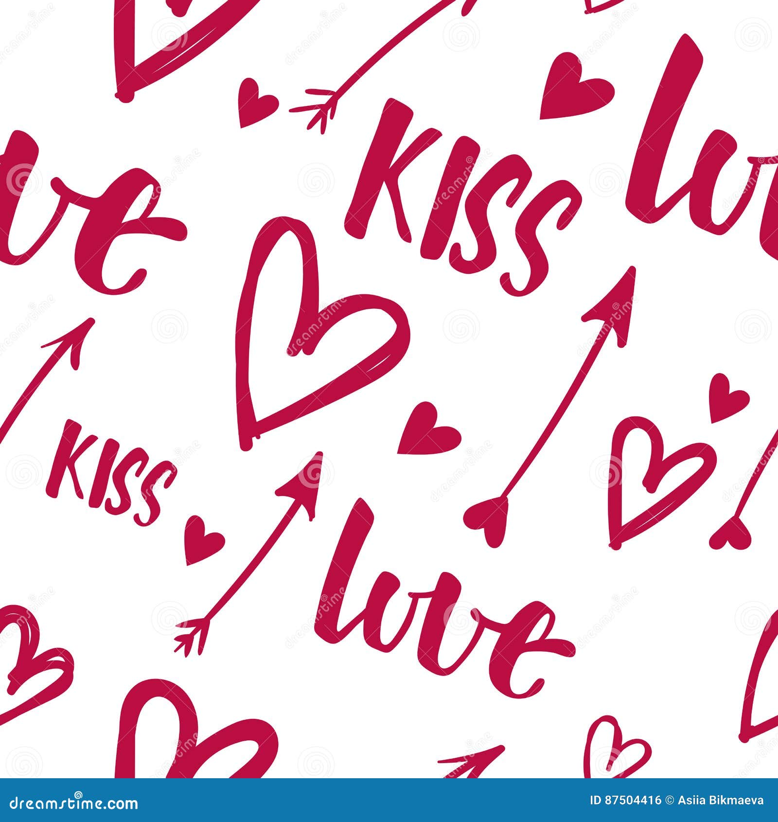 valentine`s day  seamless pattern with words: love, kiss;