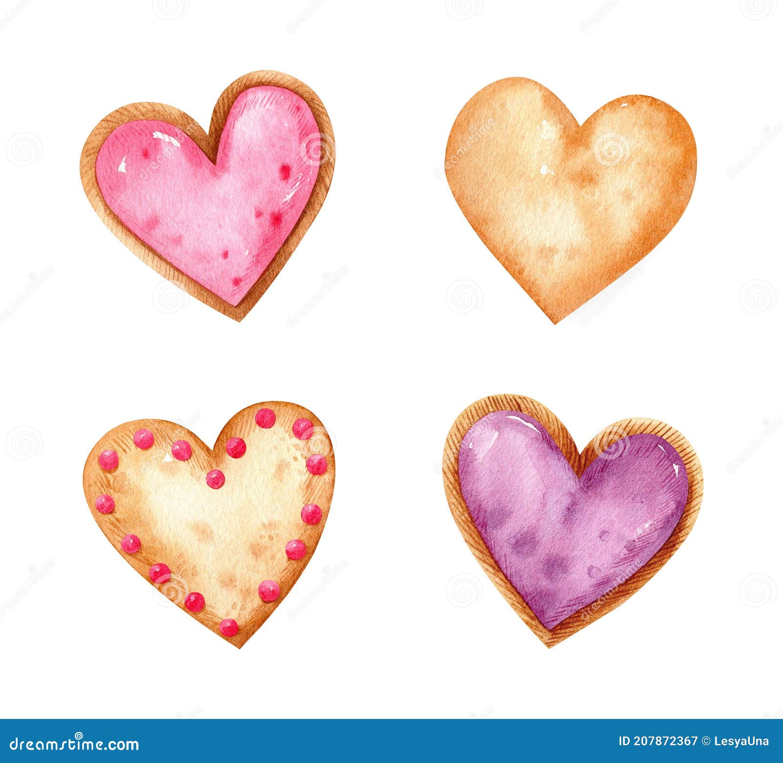 Valentine`s Day Watercolor Set with Heart Shaped Cookies with Fruit Filling  and Festive Decor Stock Illustration - Illustration of isolated, icing:  207872367