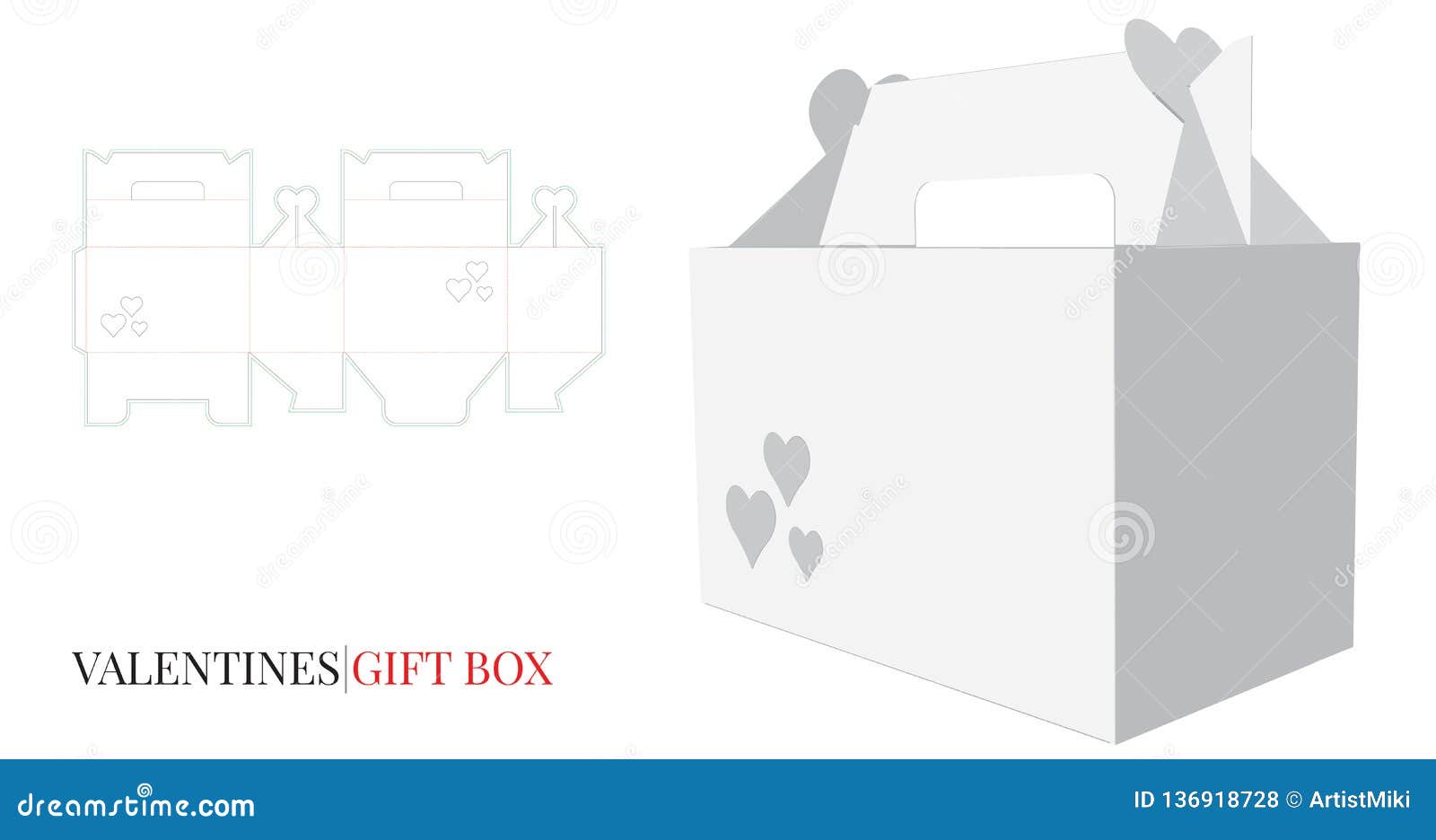 gift box with handle template with die cut / laser cut lines. valentine`s heart box mock up 