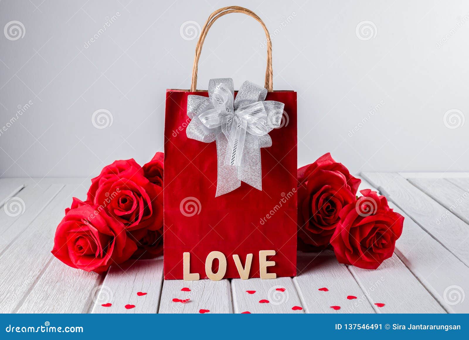 Valentines Background with Red Rose, Heart Shape, Gift Bag, Wooden ...