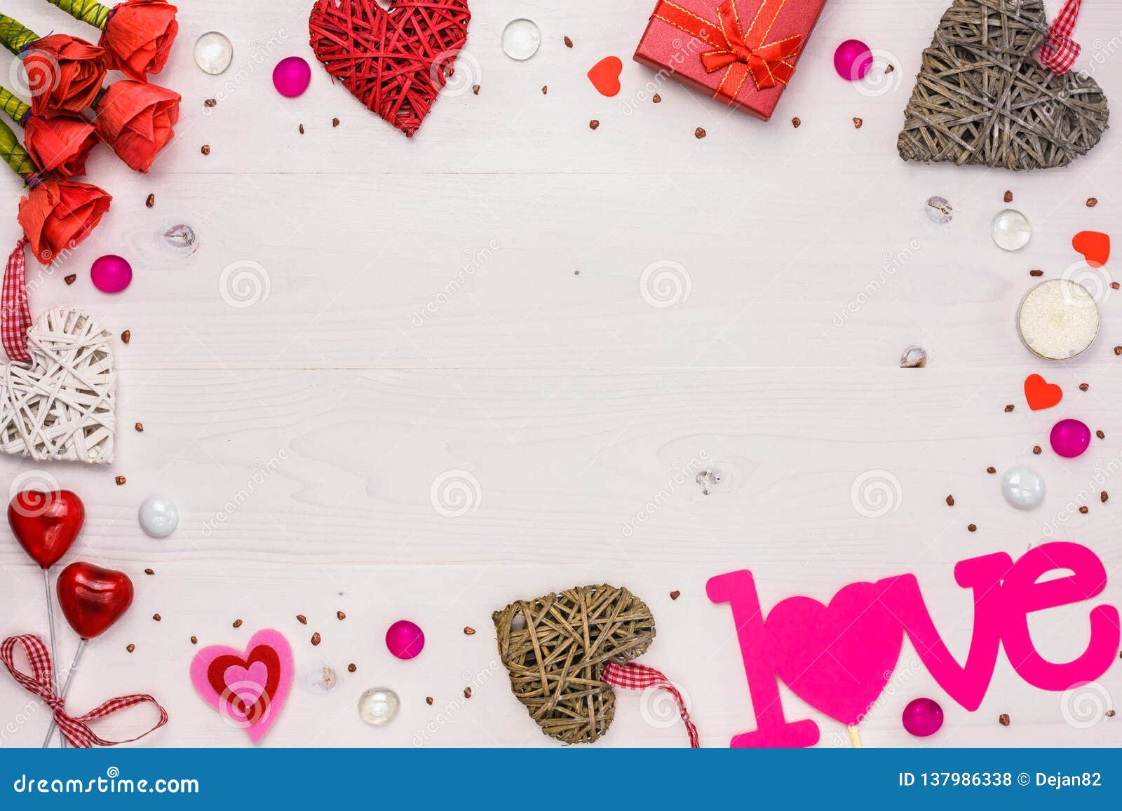 Valentines Day Background with Decoration on White Wooden Board Stock ...