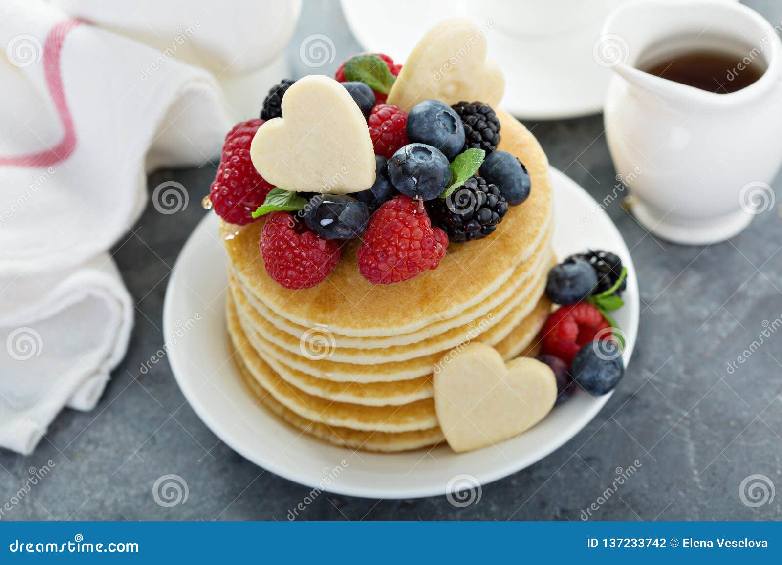 Valentines Day Breakfast, Pancakes with Hearts Topping Stock Photo ...