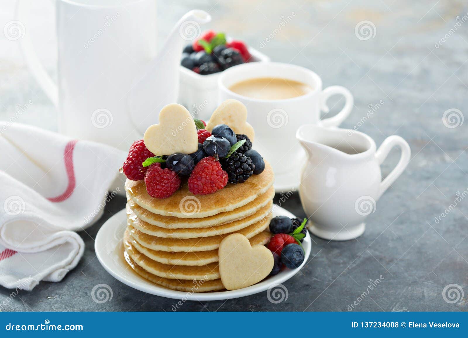 Valentines Day Breakfast, Pancakes with Hearts Topping Stock Photo ...