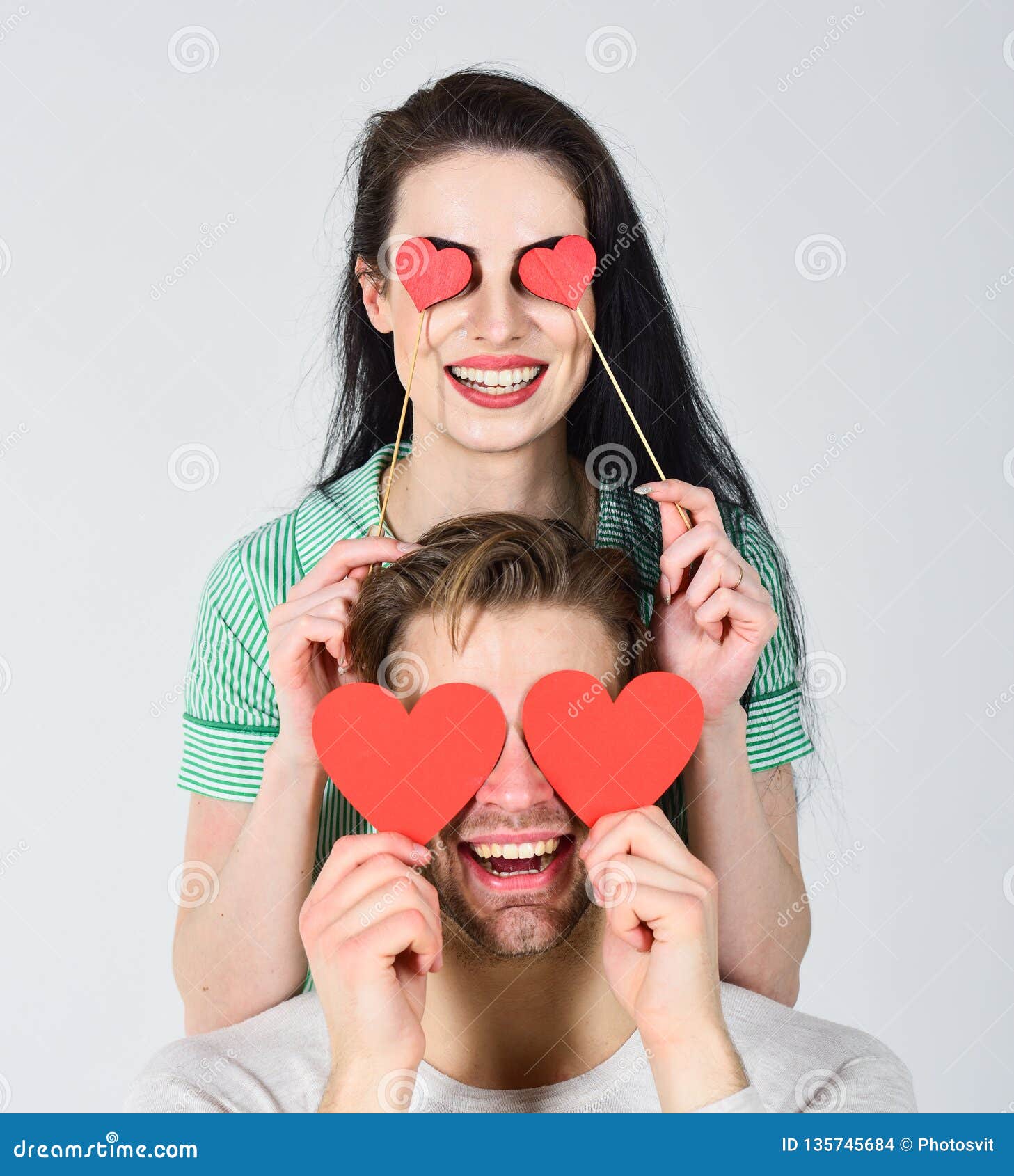 Valentines Day Concept Man And Woman Couple In Love Hold Red Paper Heart Valentines Cards Man