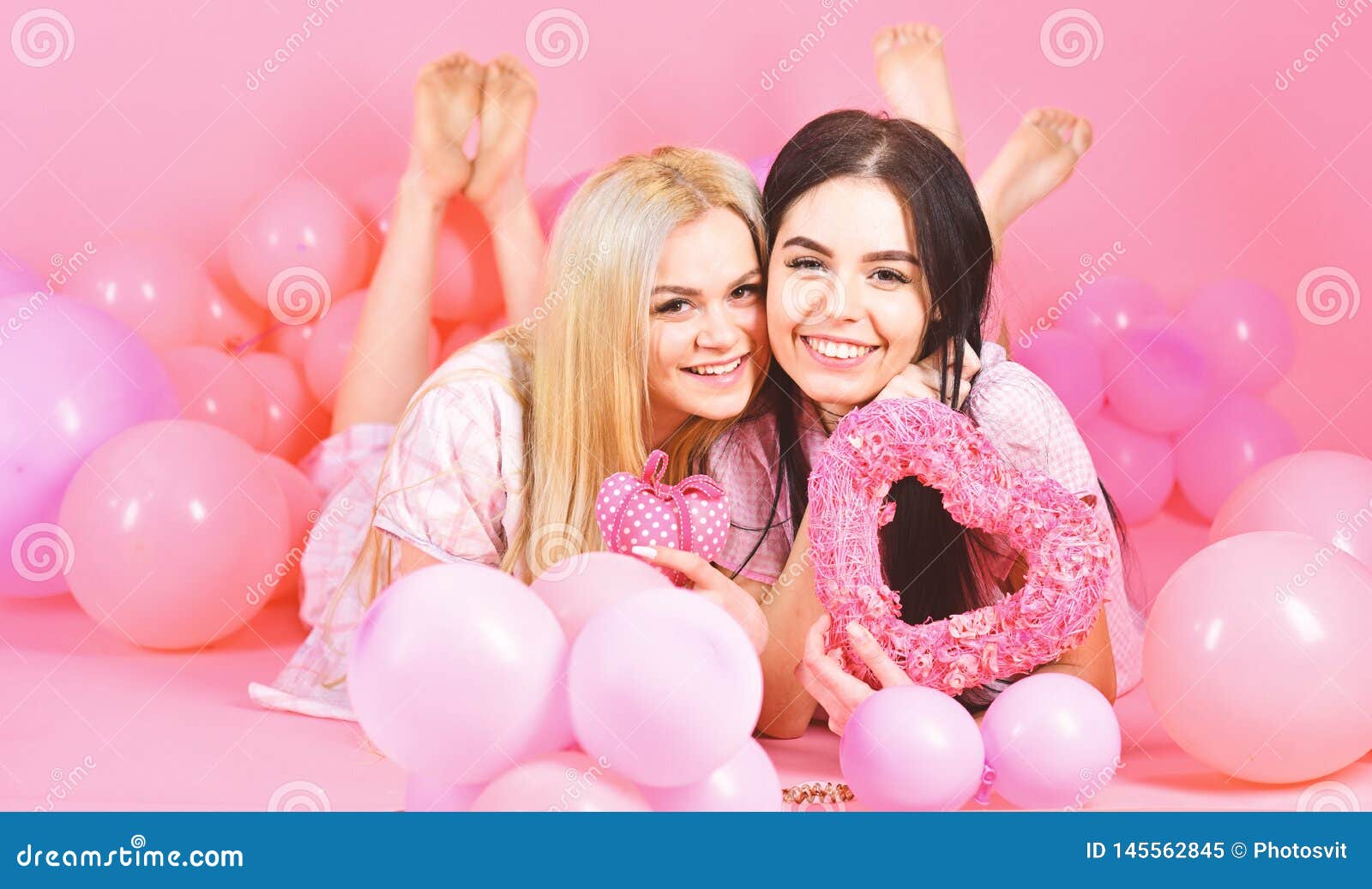 Valentines Day Concept Sisters Friends In Pajamas At Pajamas Party 