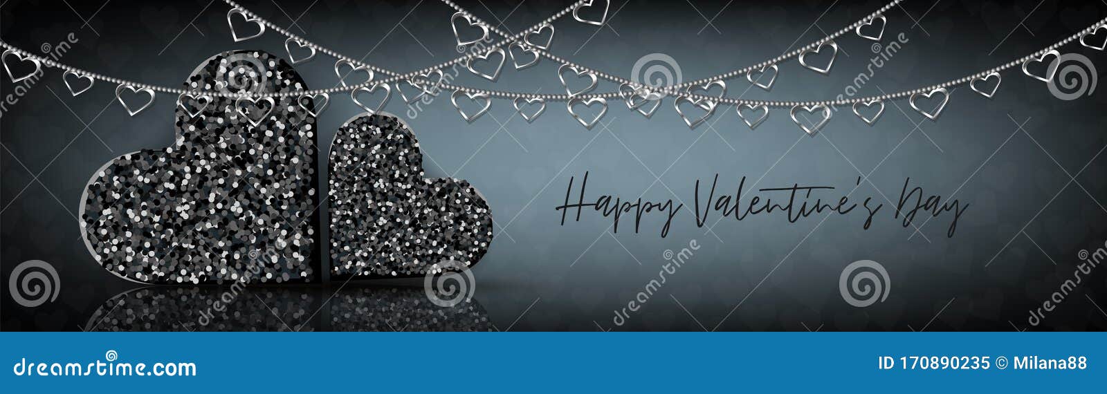 valentines day . luxury banner background. love concept with black glitter heart with glass surface reflection, silver garla