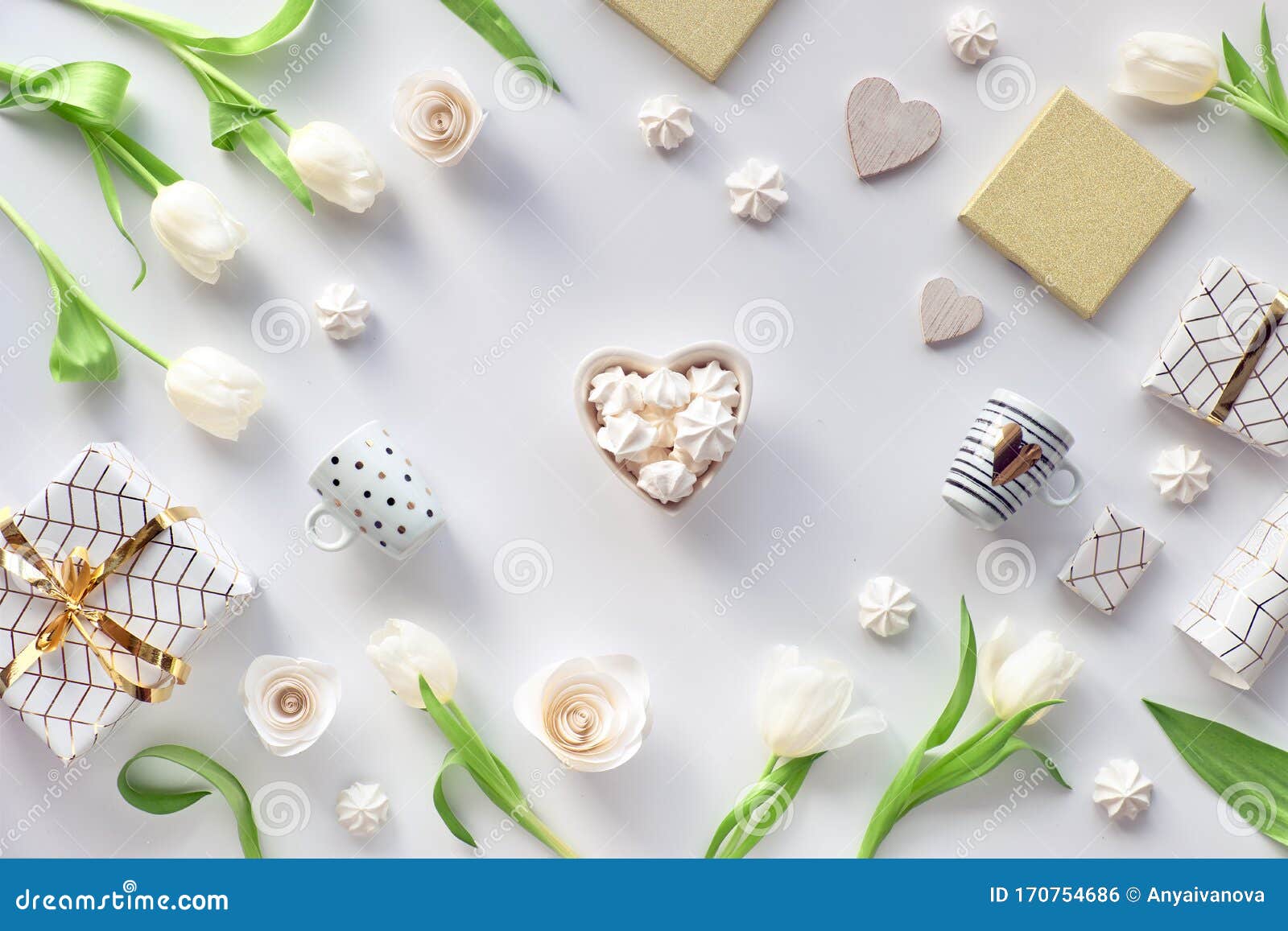 Valentines Day Flat Lay Top View On White Background With Fresh Tulip Flowers Coffee Cups Valentine Gift In Geometric Paper Stock Photo Image Of Hexagon Background 170754686