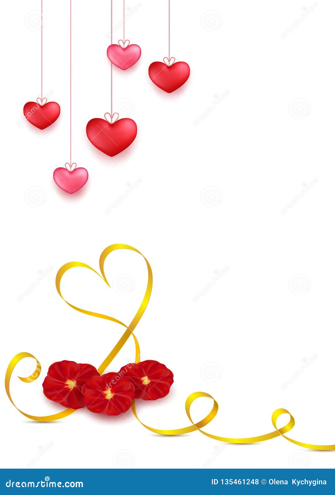 Valentines Day Greeting Card Design in 3d Style on White Background.  Hanging Red Hearts with Golden Stripe and Red Rose Petals Flo Stock  Illustration - Illustration of stripes, congratulate: 135461248