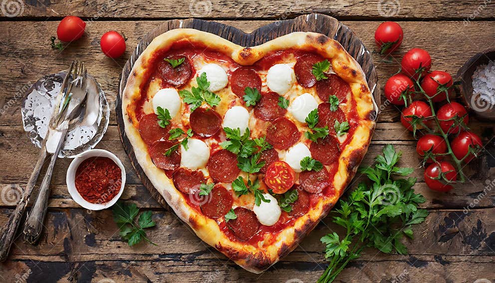 Valentines Day Heart Shaped Pizza with Pepperoni Stock Illustration ...