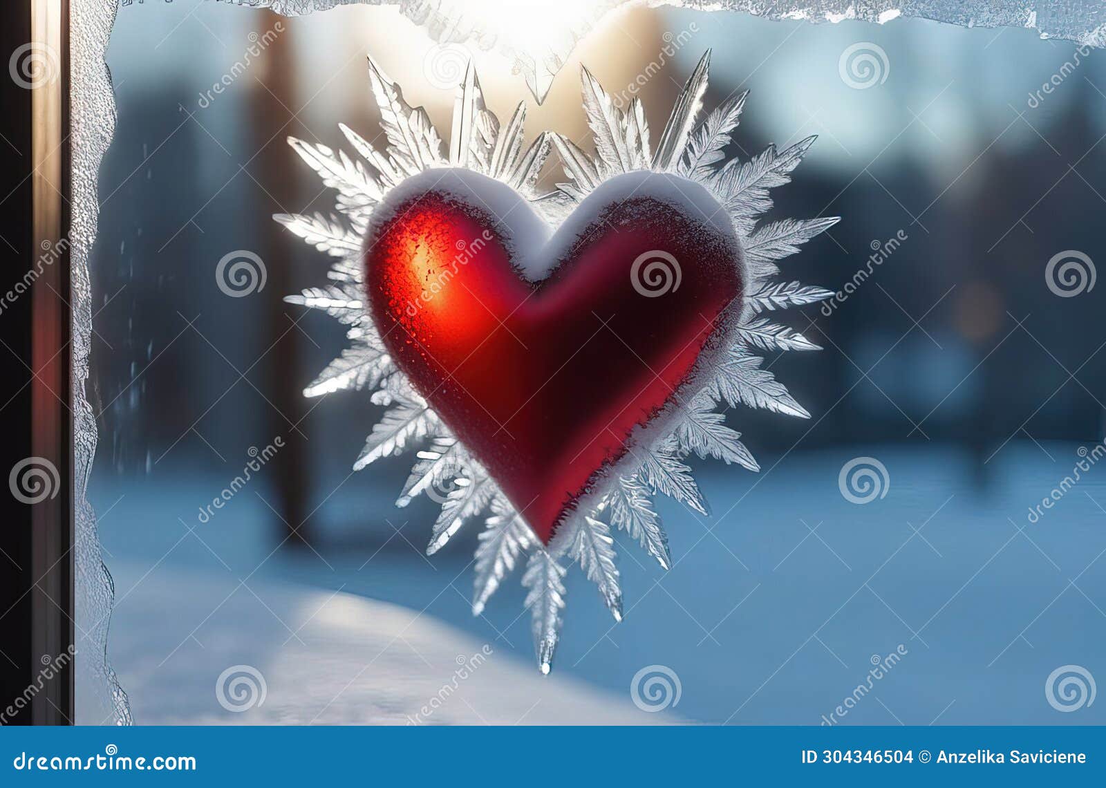 valentines day red heart on frozen window with forest on background. banner perfect for valentines day card, romantic themed
