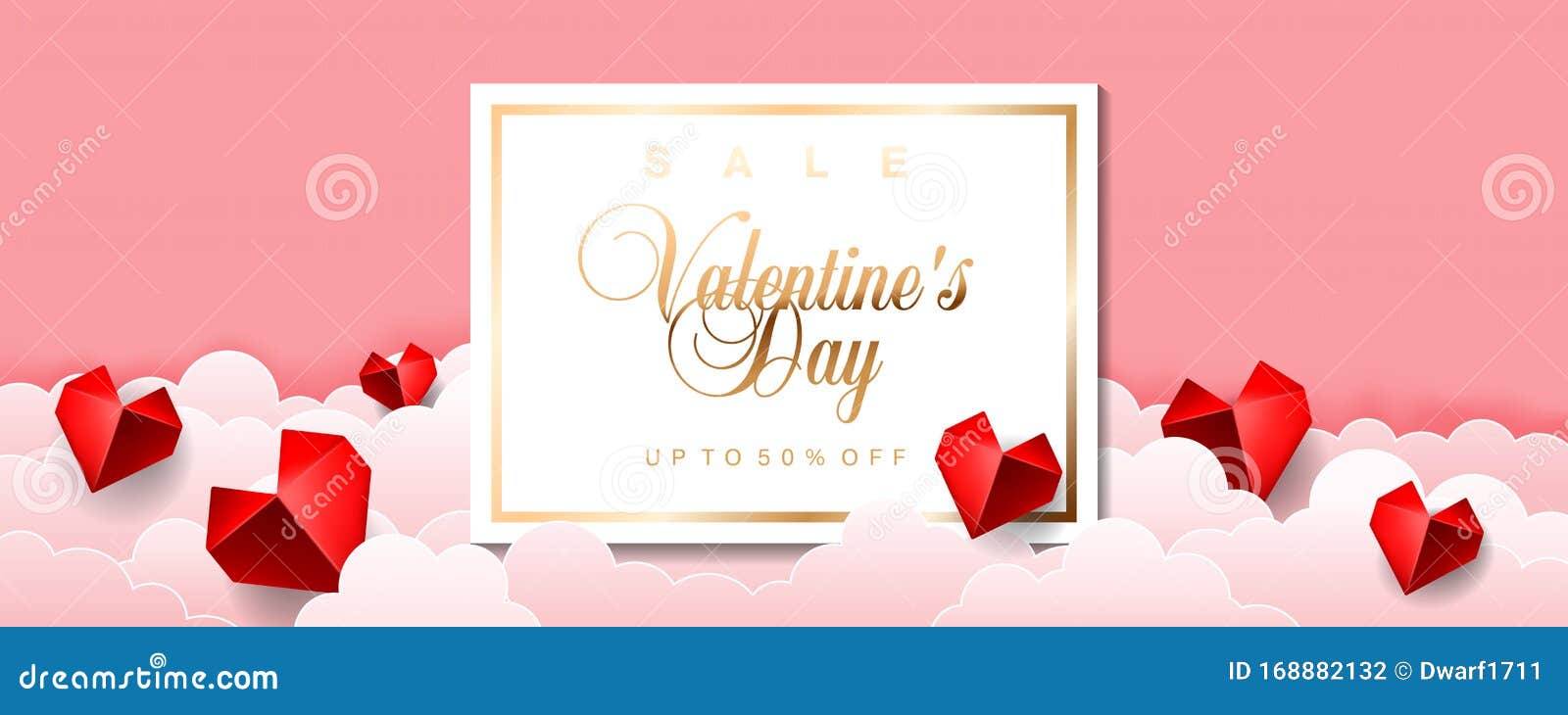 Valentines Day sale special offer discount vector illustration banner flyer poster voucher website header template with origami paper red hearts and clouds on pink background 