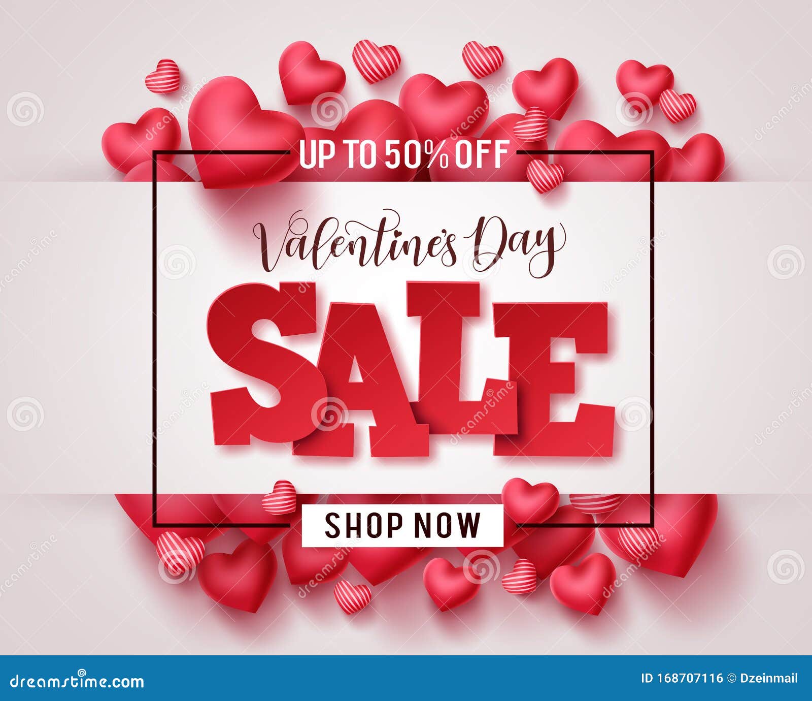 Valentines Day Sale Vector Promotional Banner. Valentine Sale 3D Text