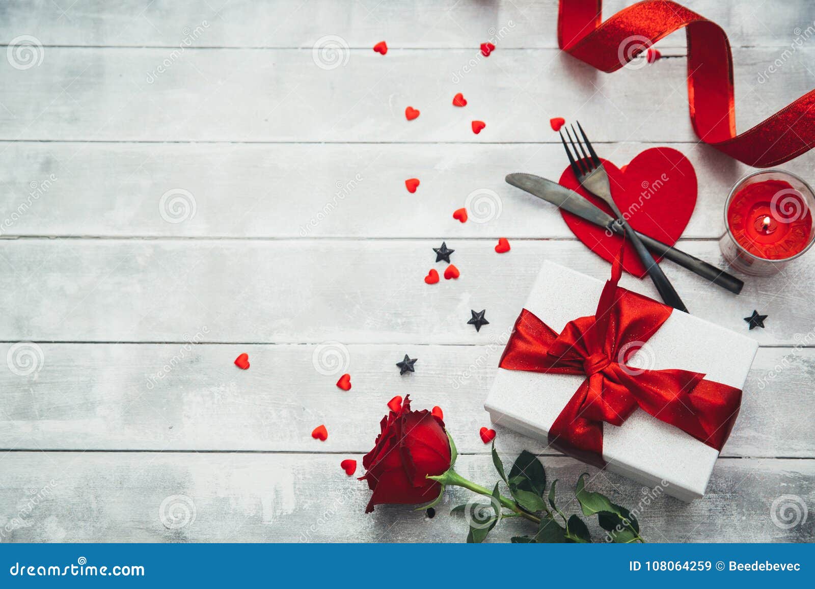 Valentines Day Table Setting With Fork Knife Red Hearts Ribbon And Roses Stock Image Image Of Marriage Gift 108064259