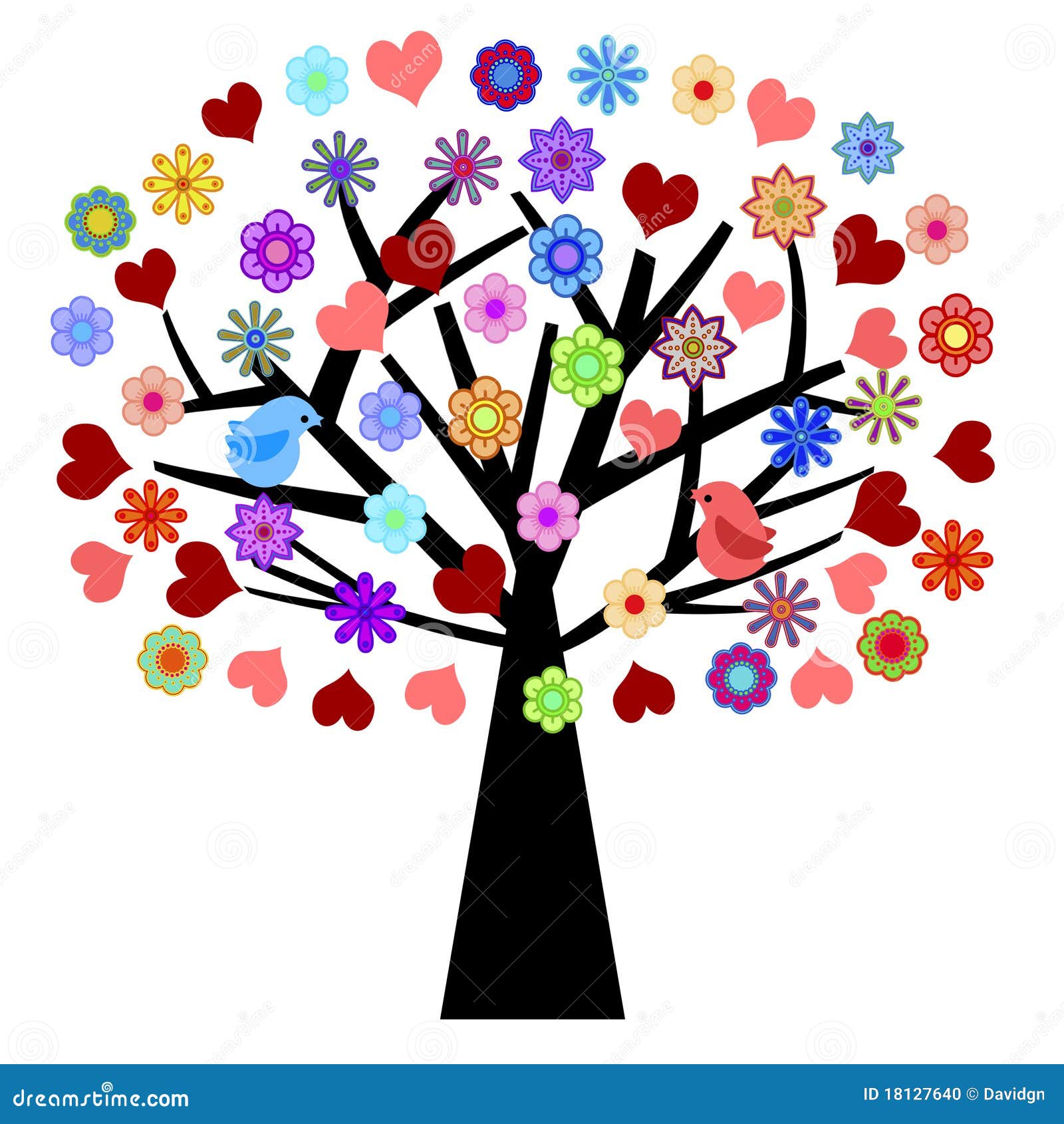 Valentines Day Tree with Love Birds Hearts Flowers Stock Illustration