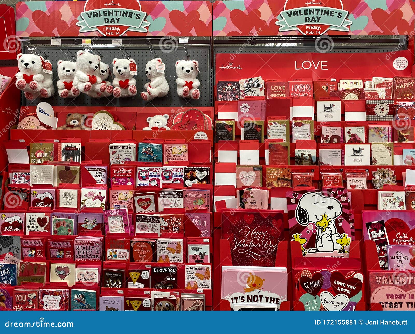 A Valentines Display at Walmart of Cards and Stuffed Bears with Hearts