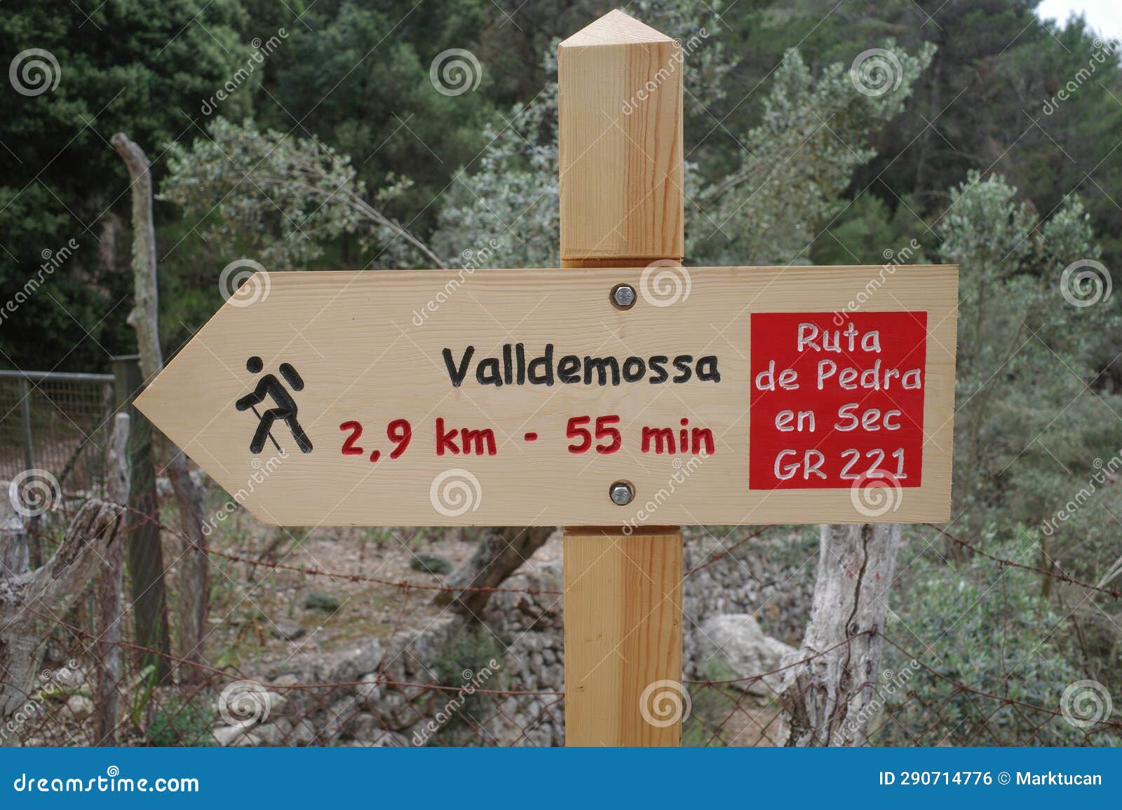 valldemossa, spain - 11 june, 2023: signpost on the gr221 trail in mallorca's tramuntana mountains