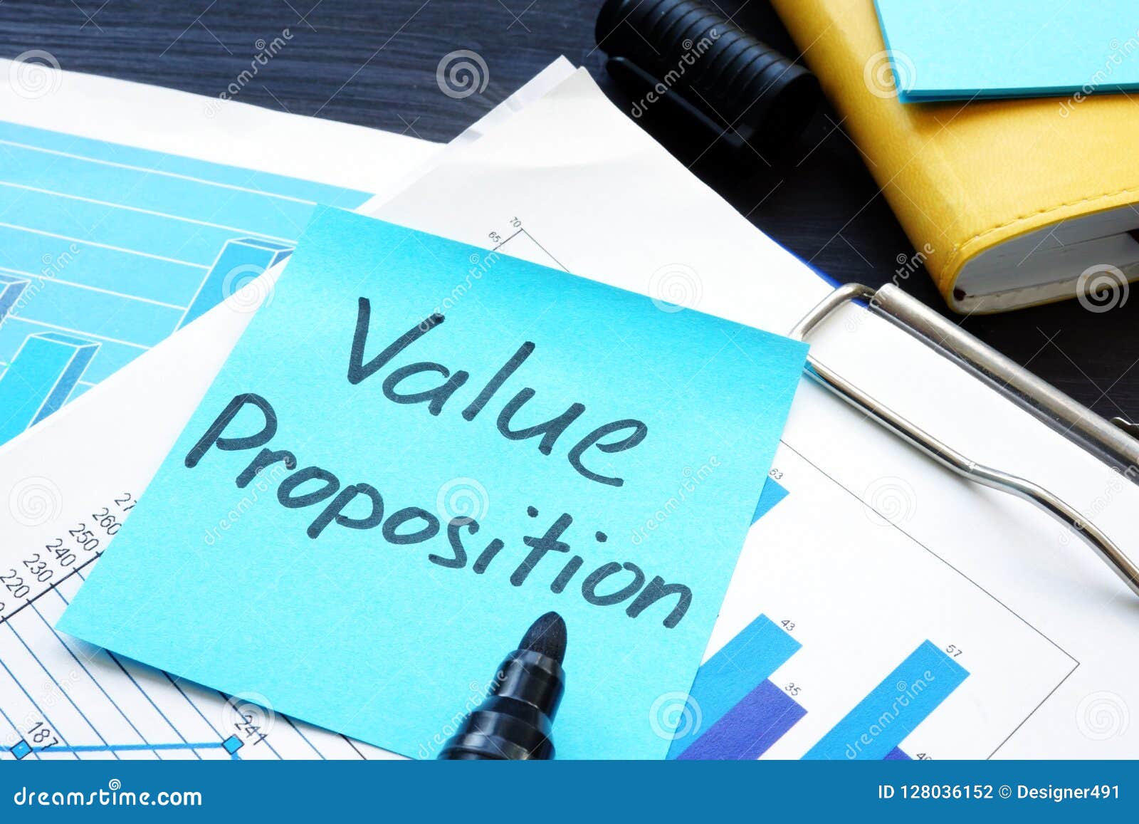 value proposition. financial documents with business figures.