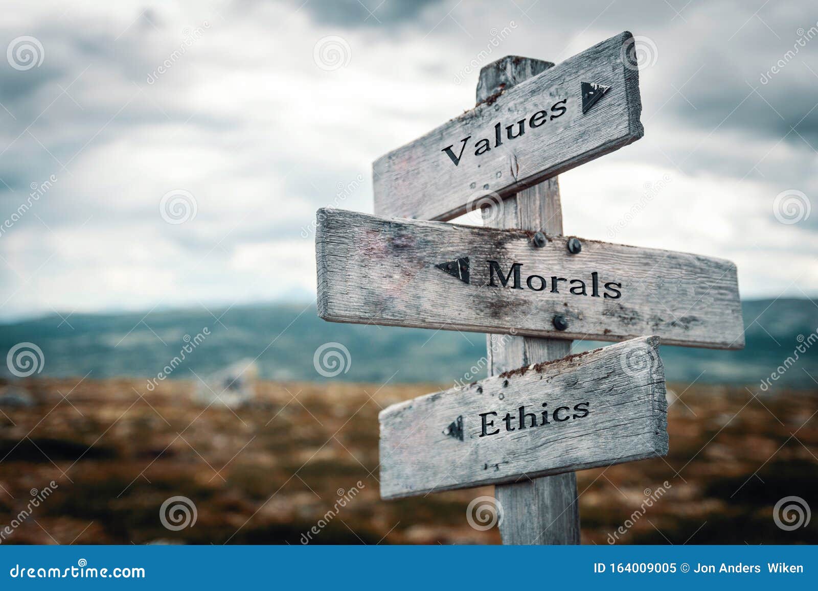 values, morals and ethics text on wooden sign post outdoors in landscape scenery.