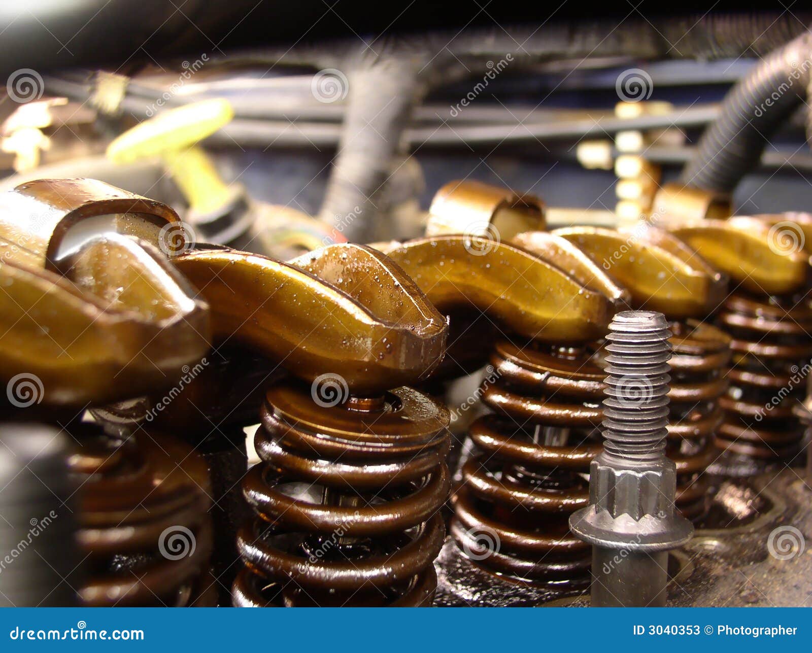 Valve train on auto engine stock image. Image of brown 3040353