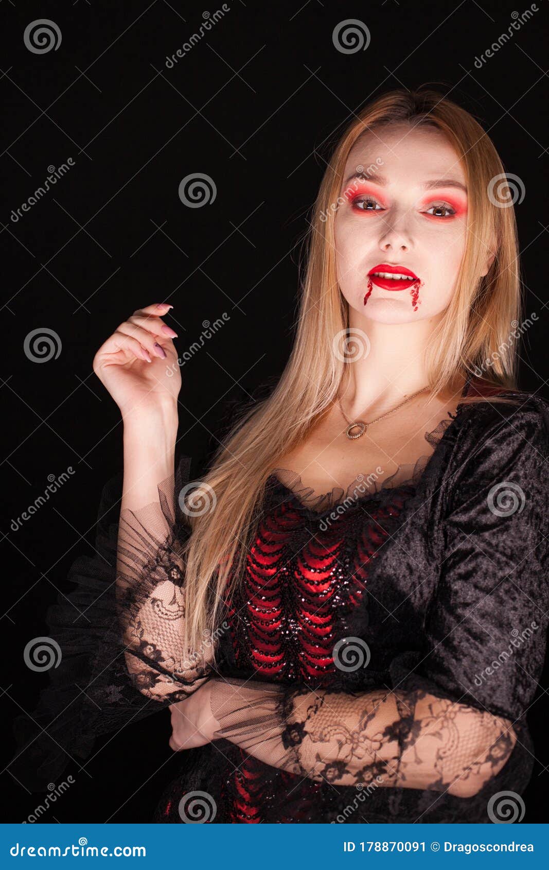 Vampire Beautiful Woman with Bloody Lips Over Black Background Stock ...