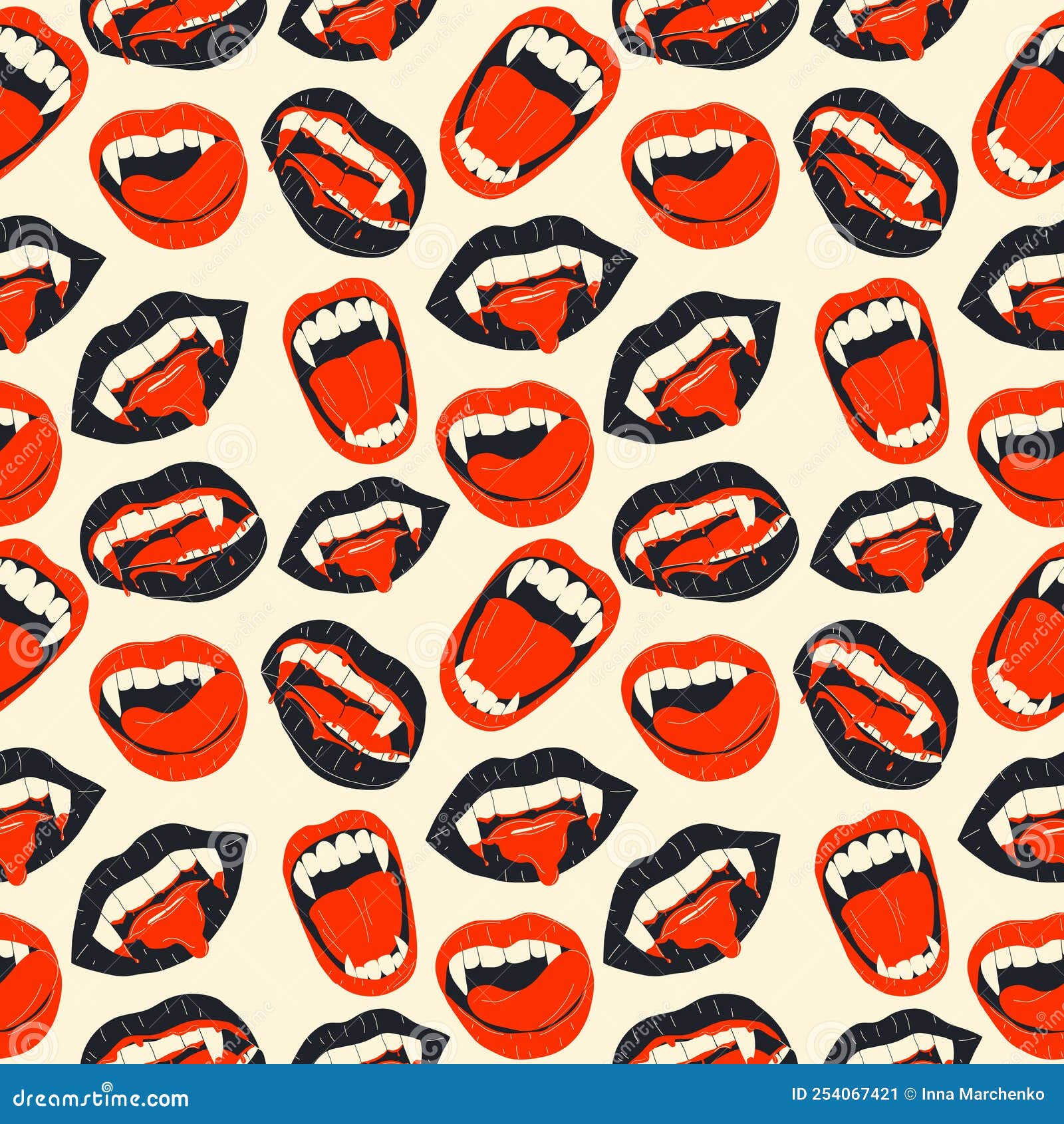 Vampire Mouth with Fangs Seamless Pattern with Doodles. Stock Vector
