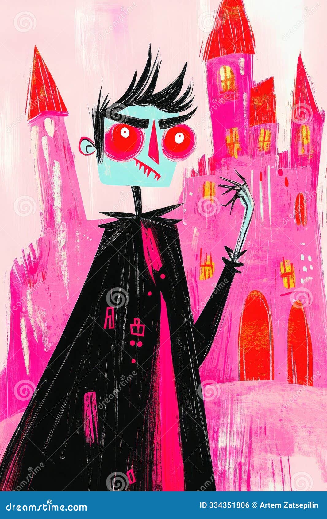 vampire standing in front of ancient castle, dressed in long black cloak, with glowing red eyes