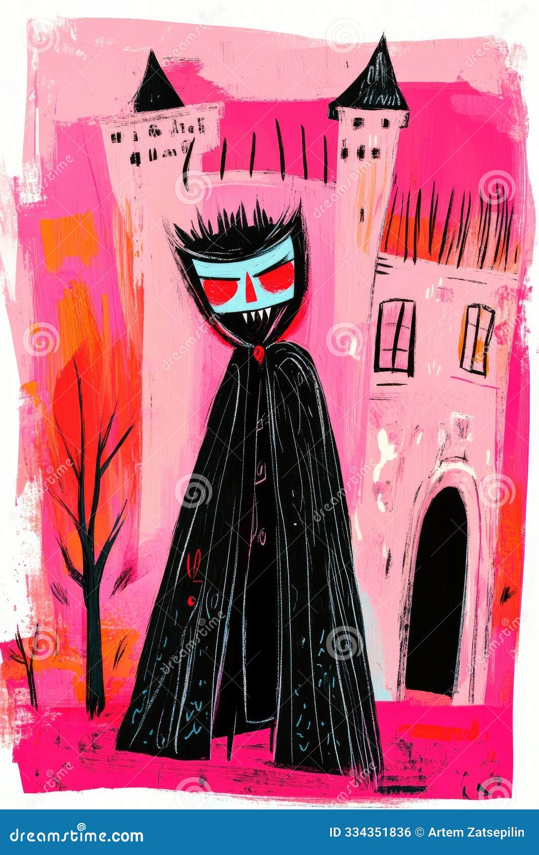 vampire standing in front of ancient castle, dressed in long black cloak, with glowing red eyes