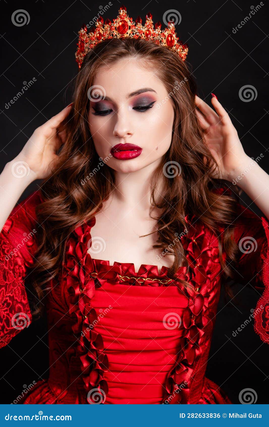 Vampire Woman in a Red Dress in the Rococo Era with a Crown on Her Head ...