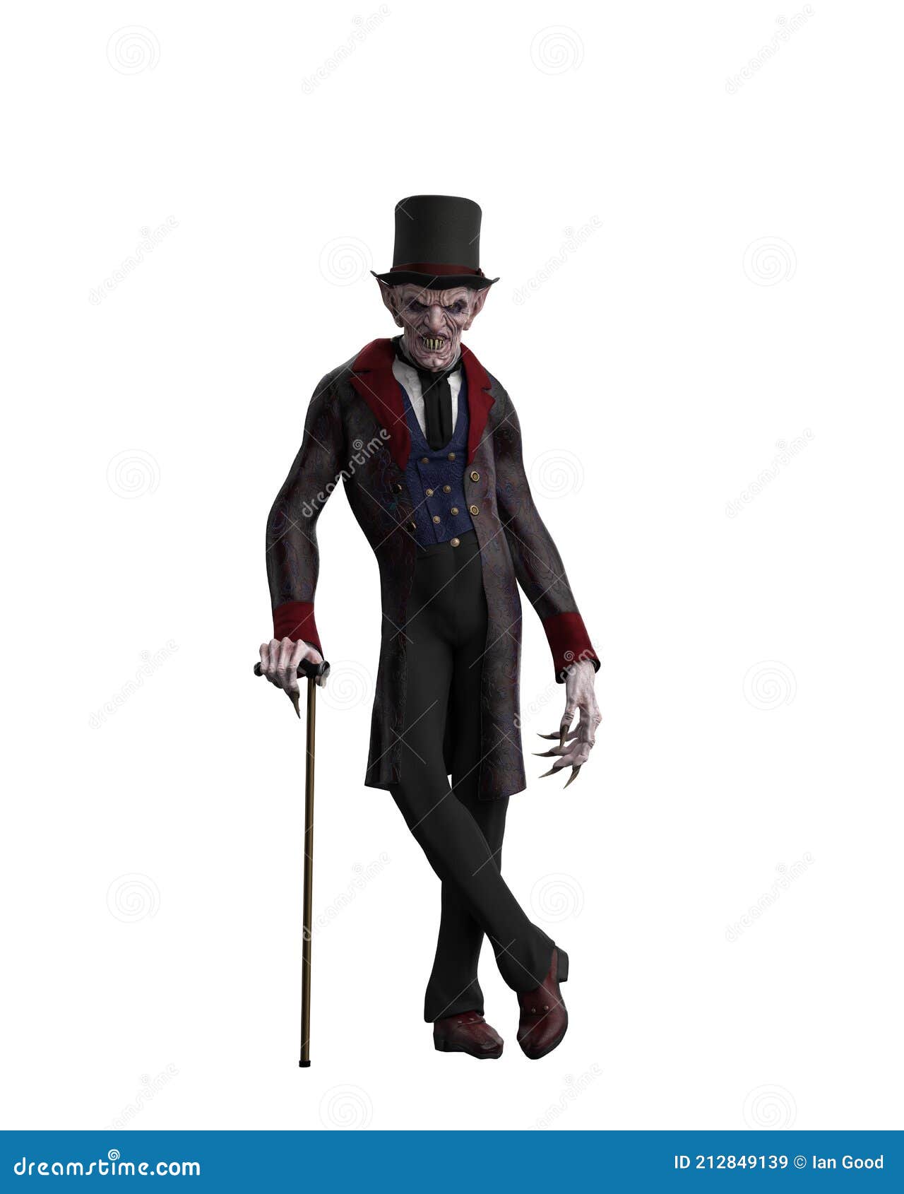 Desenho de um vampiro com um terno preto e um chapéu.