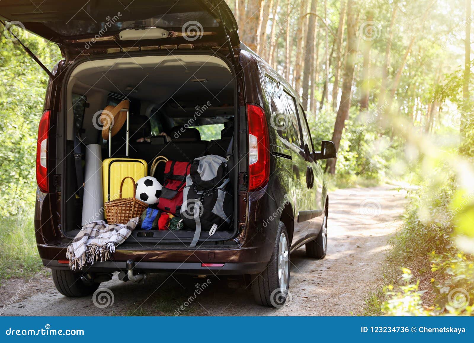 Van with Camping Equipment in Trunk Stock Photo Image of outdoors