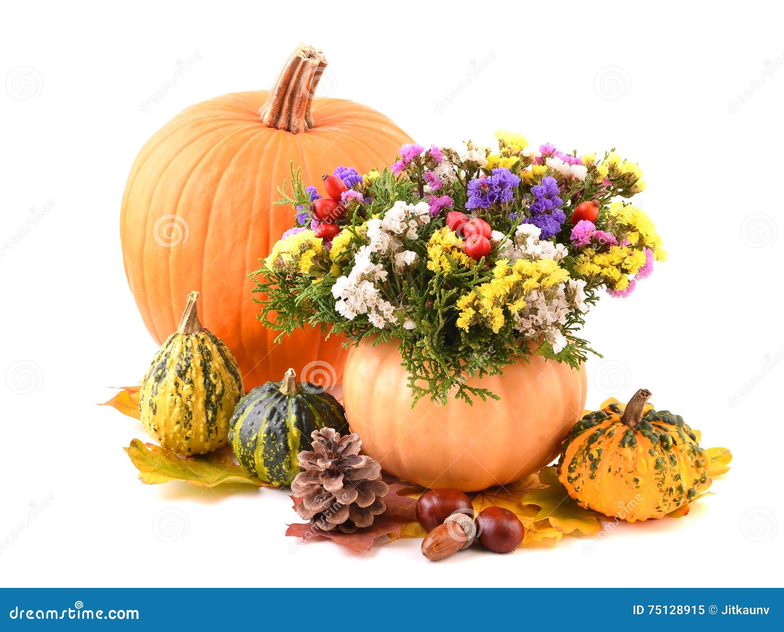 Van De Pompoenvaas En Herfst Bloemen Voor Vakantie Stock Afbeelding ...