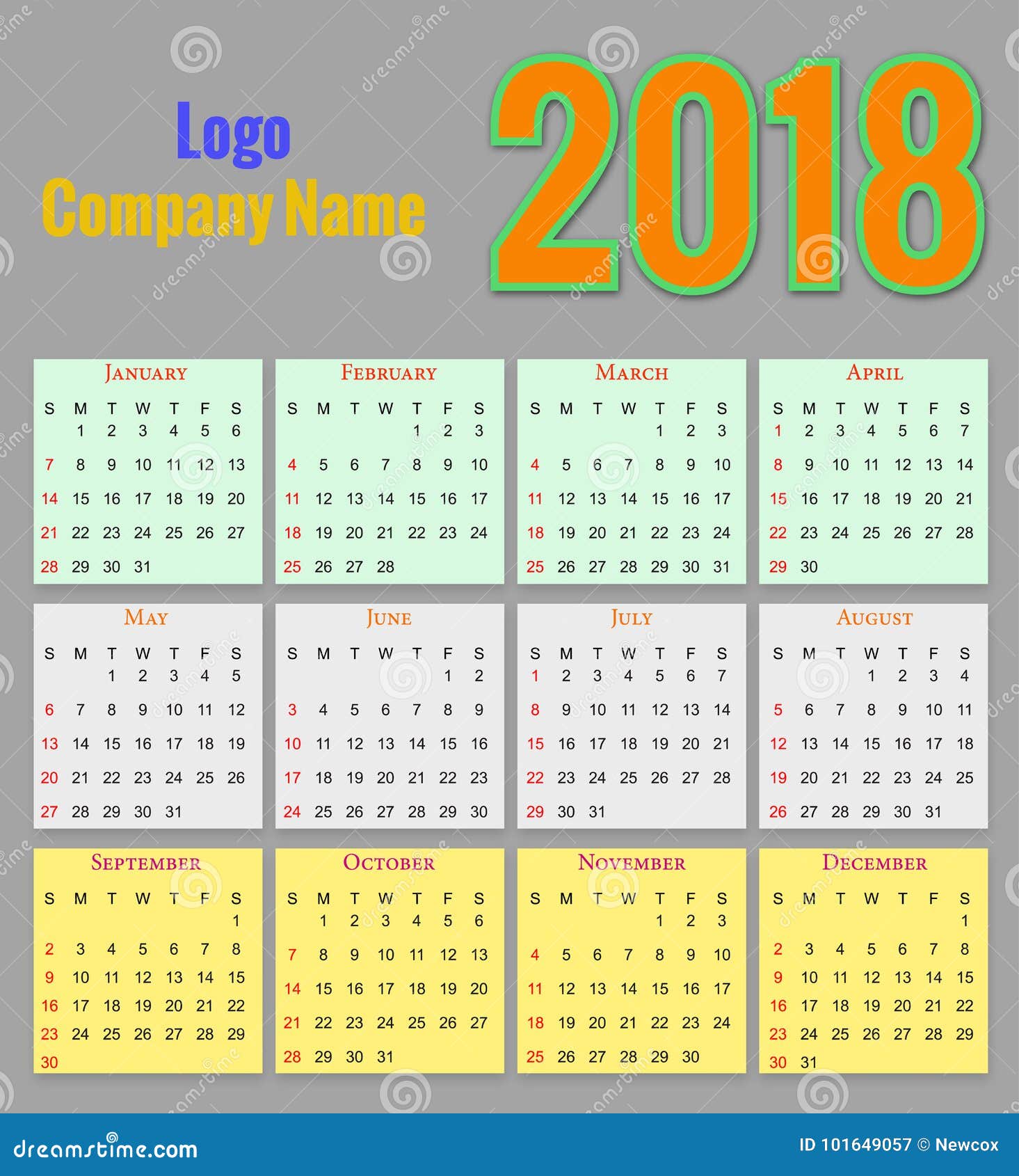 12 Van Het Kalendermaanden Ontwerp 2018 Vector Illustratie