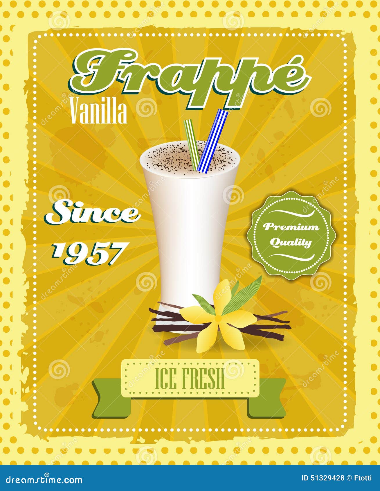 vanilla frappe poster with drinking strew and glass in retro style