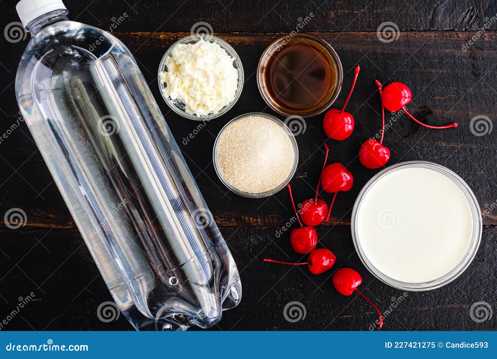 Ingredients for Vanilla Italian Cream Sodas Garnished with Maraschino
