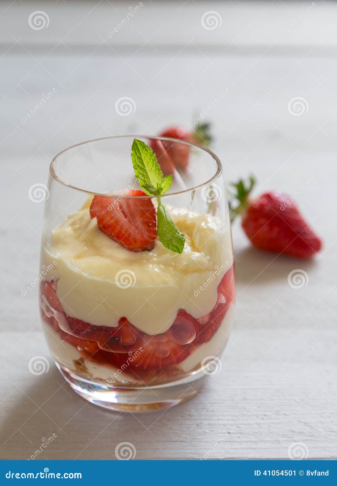 Vanilla Pudding with Tipsy Strawberries on Wood Stock Image Image of