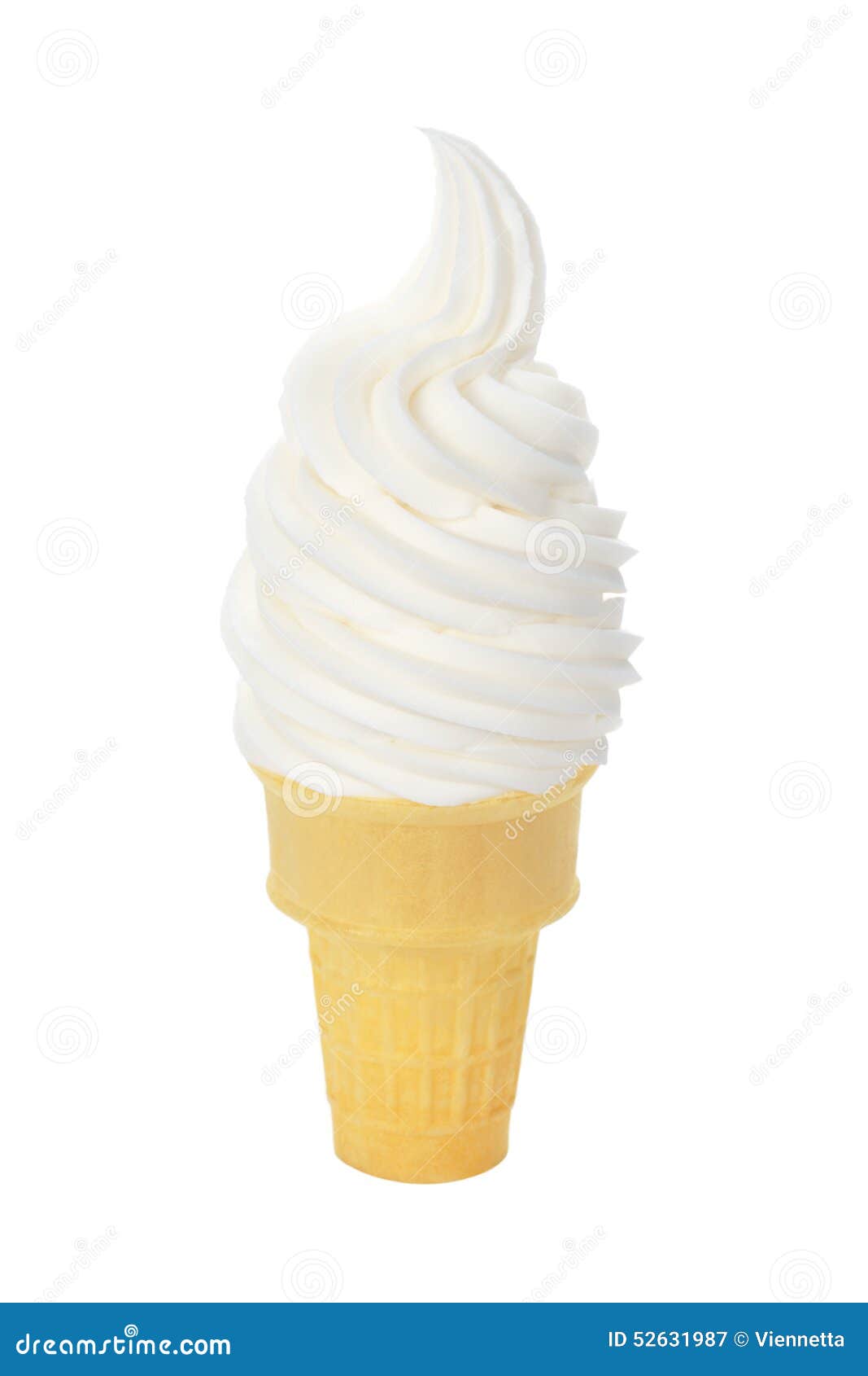 vanilla soft serve ice cream in wafer cone on white background