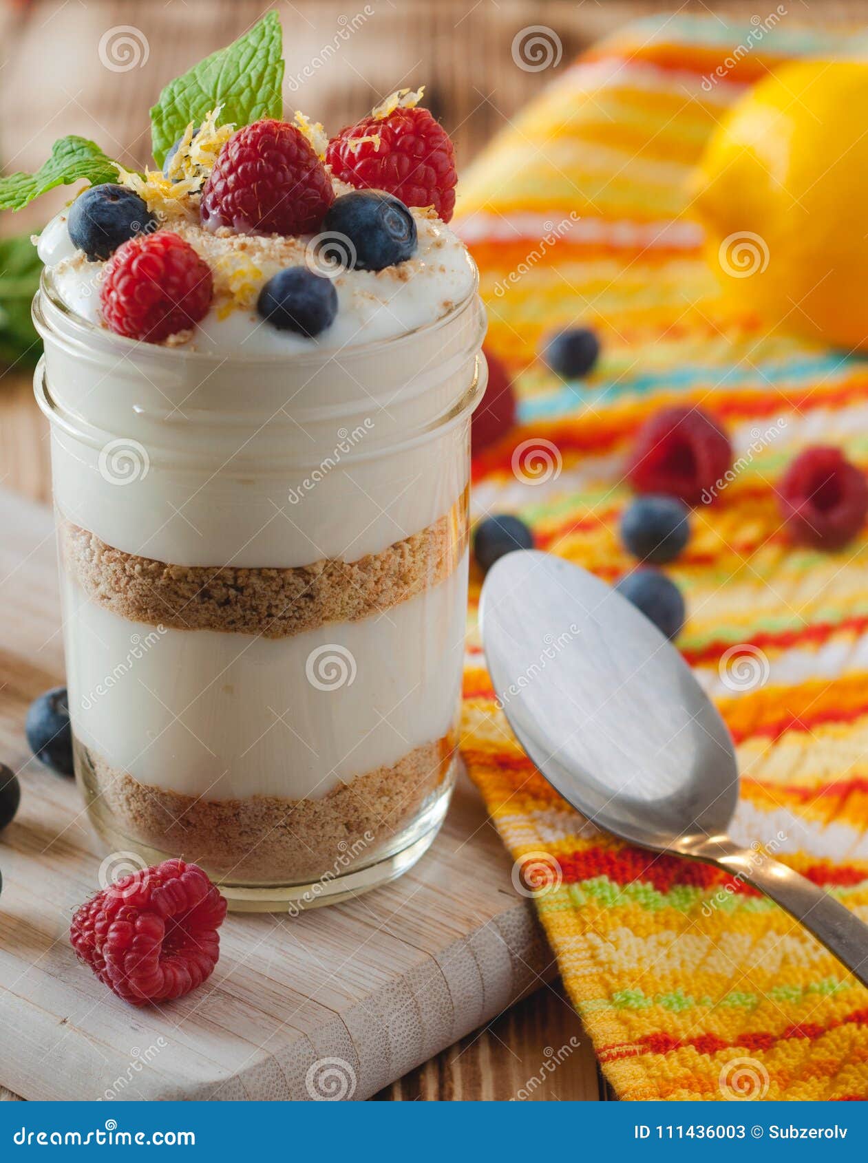 Vanilla Yogurt Parfait Dessert with Graham Cracker Crust and Fruit with