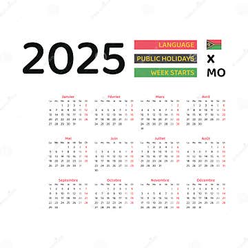 Vanuatu Calendar 2025. Week Starts from Monday. Vector Graphic Design
