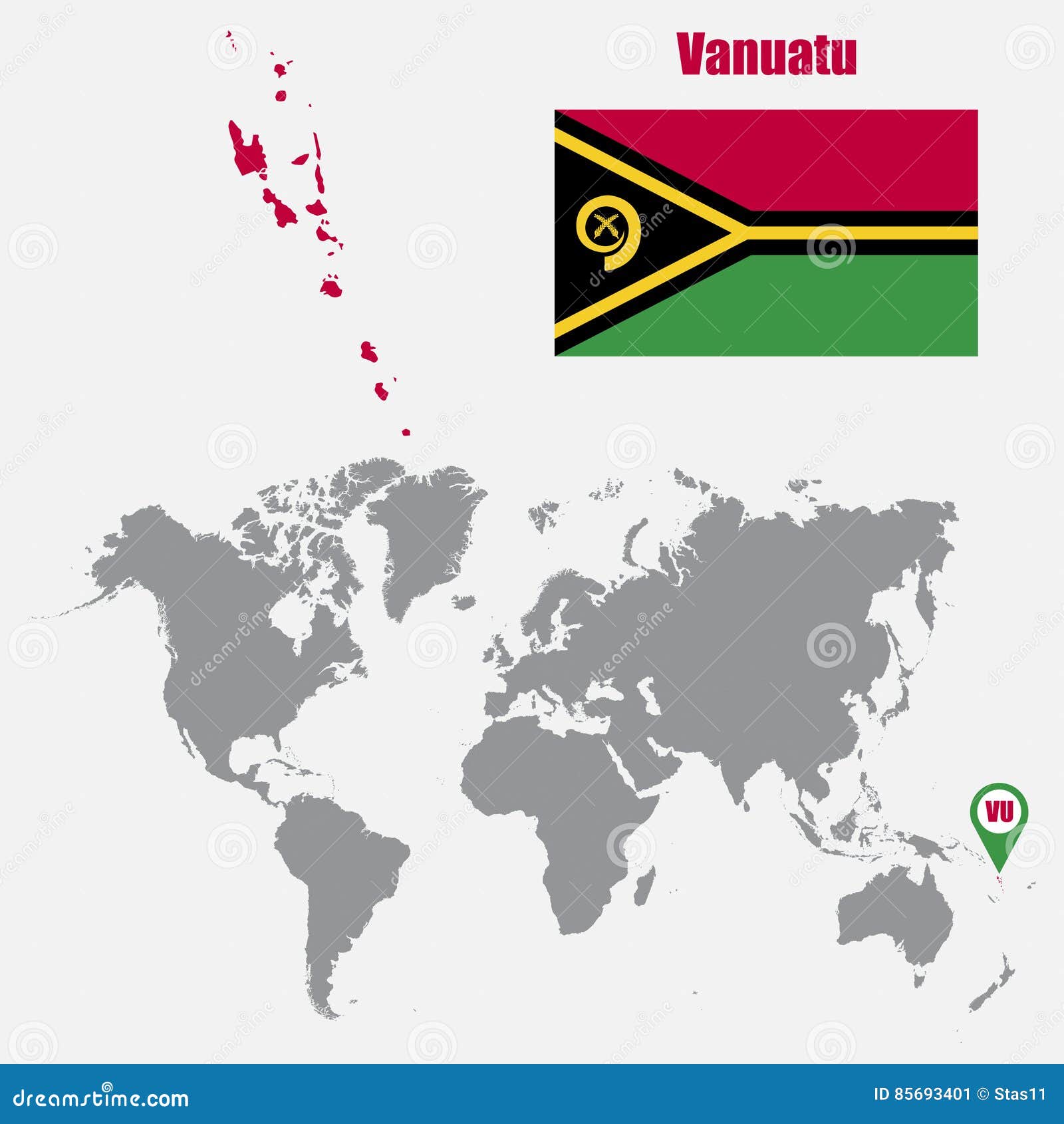 Vanuatu Map on a World Map with Flag and Map Pointer. Vector