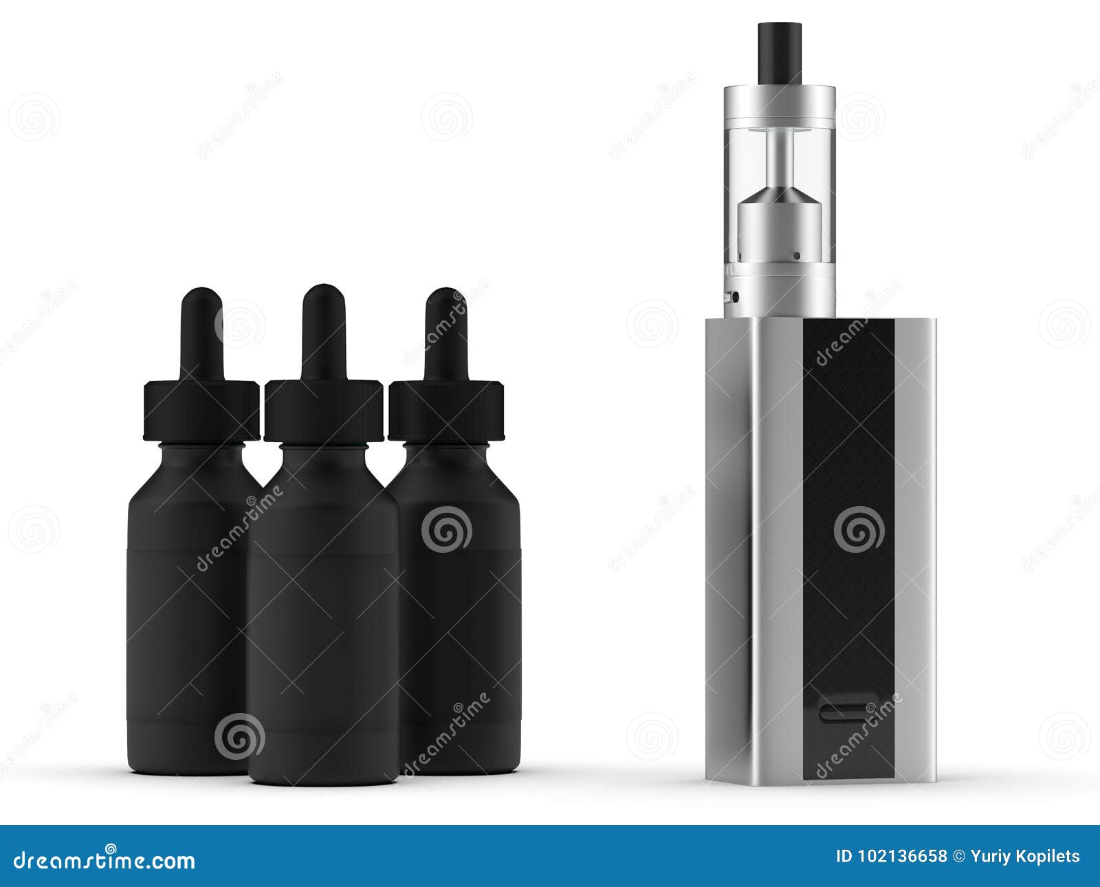 Vaping Mod Ecig with Tank Atomizer and Juice Bottles. 3d Illustration