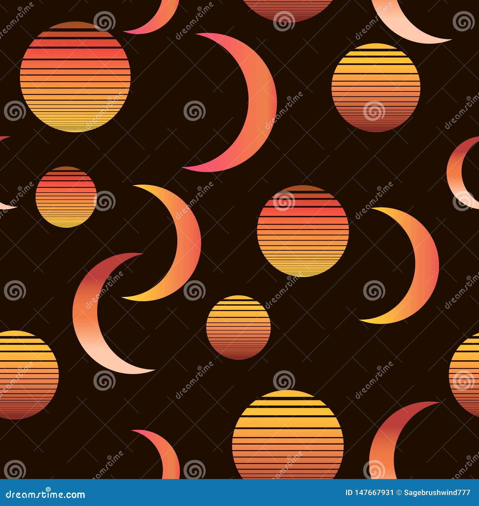 vapor wave  seamless pattern with suns in blue and pink colors