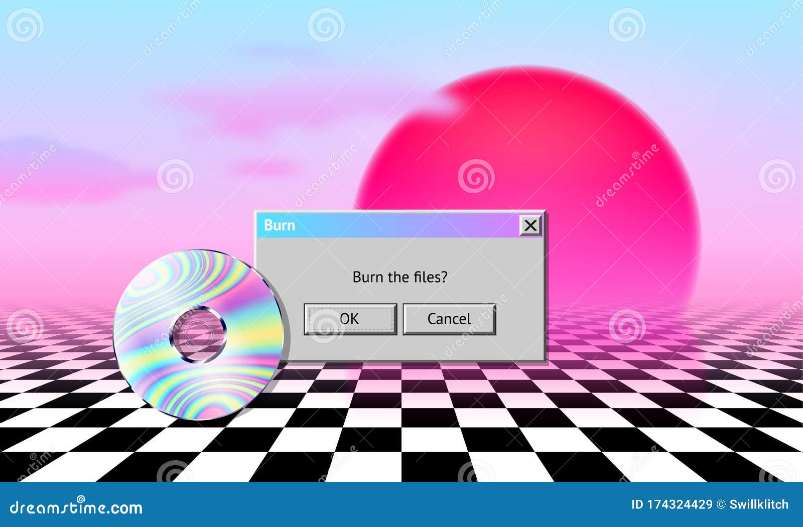 Vaporwave Landscape With CD, Dialogue Window, Sun, Clouds And ...