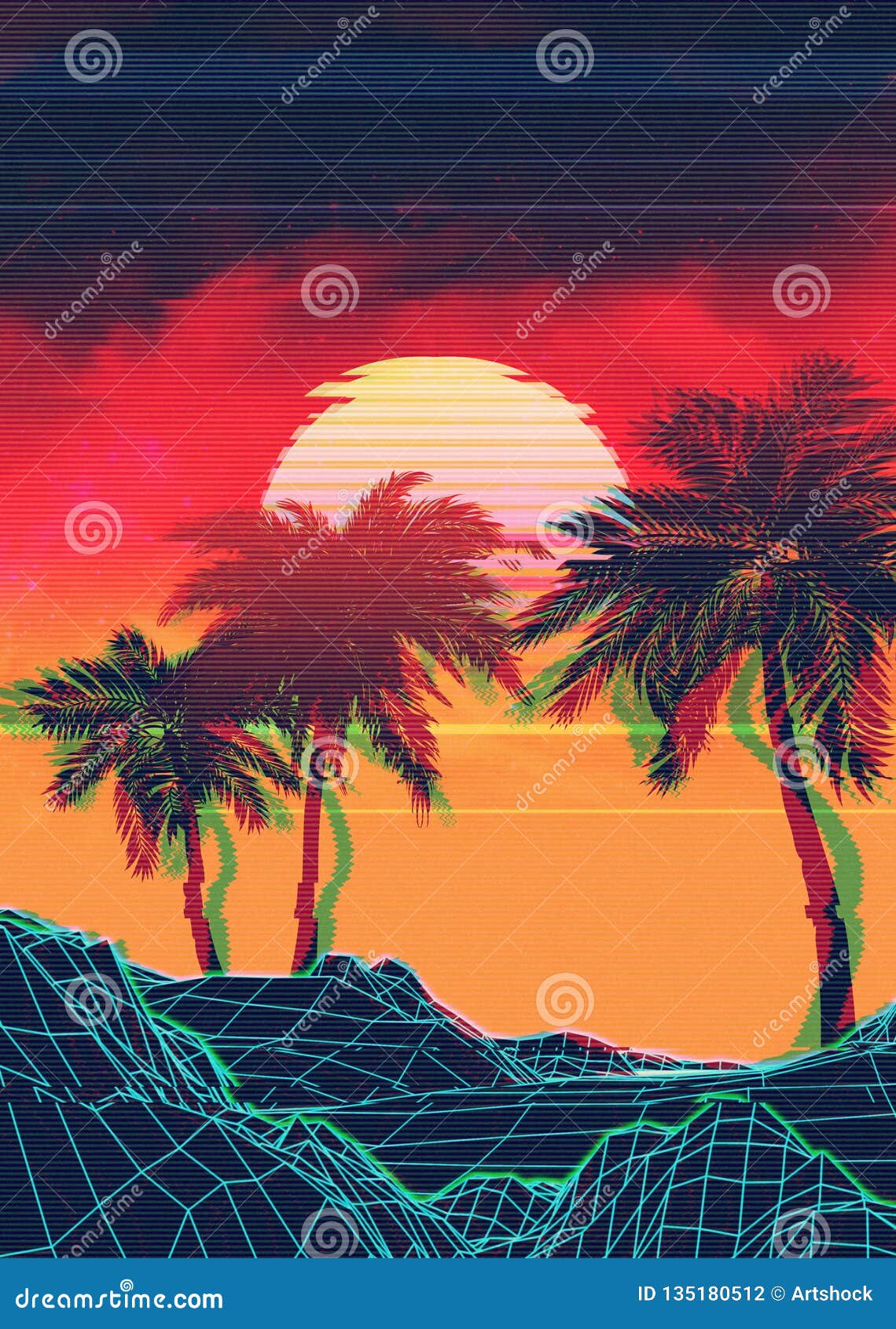 Vaporwave Landscape with Rocks and Palms Stock Illustration ...