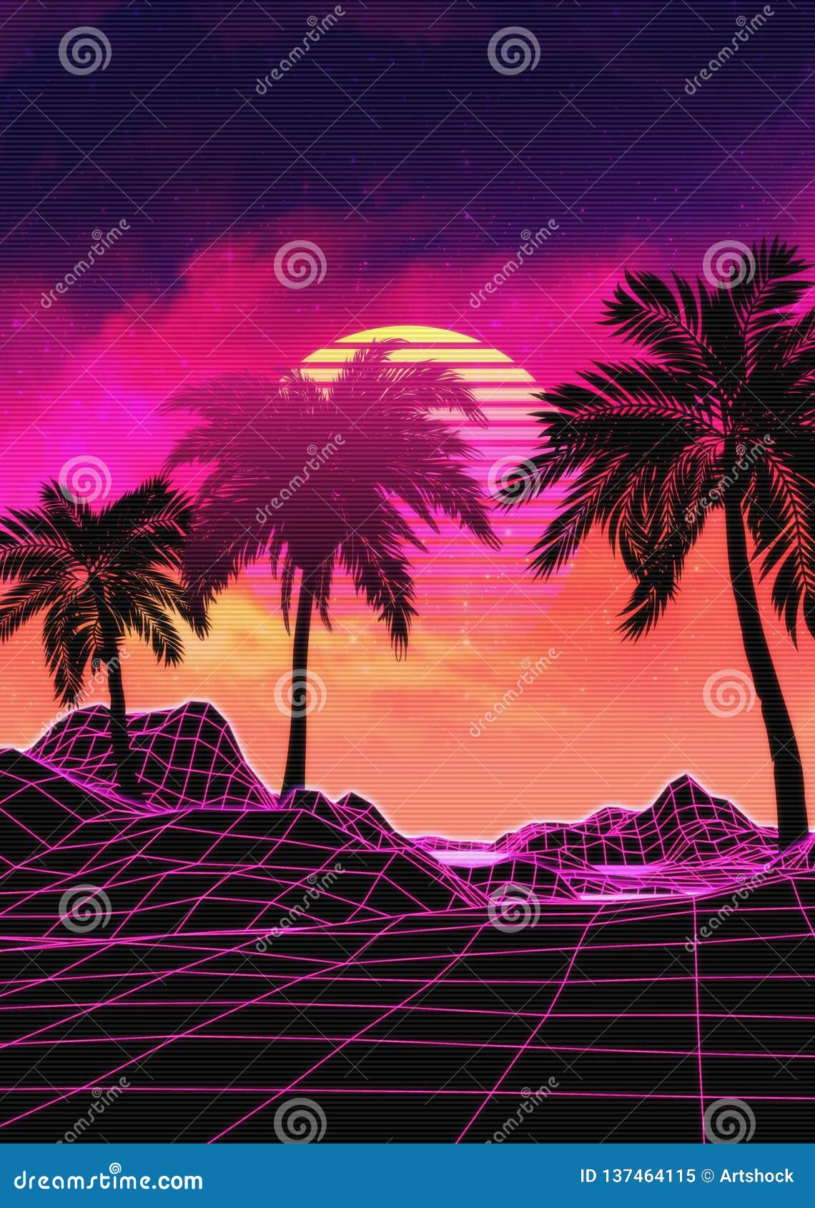 Vaporwave Landscape with Rocks and Palms Stock Illustration ...