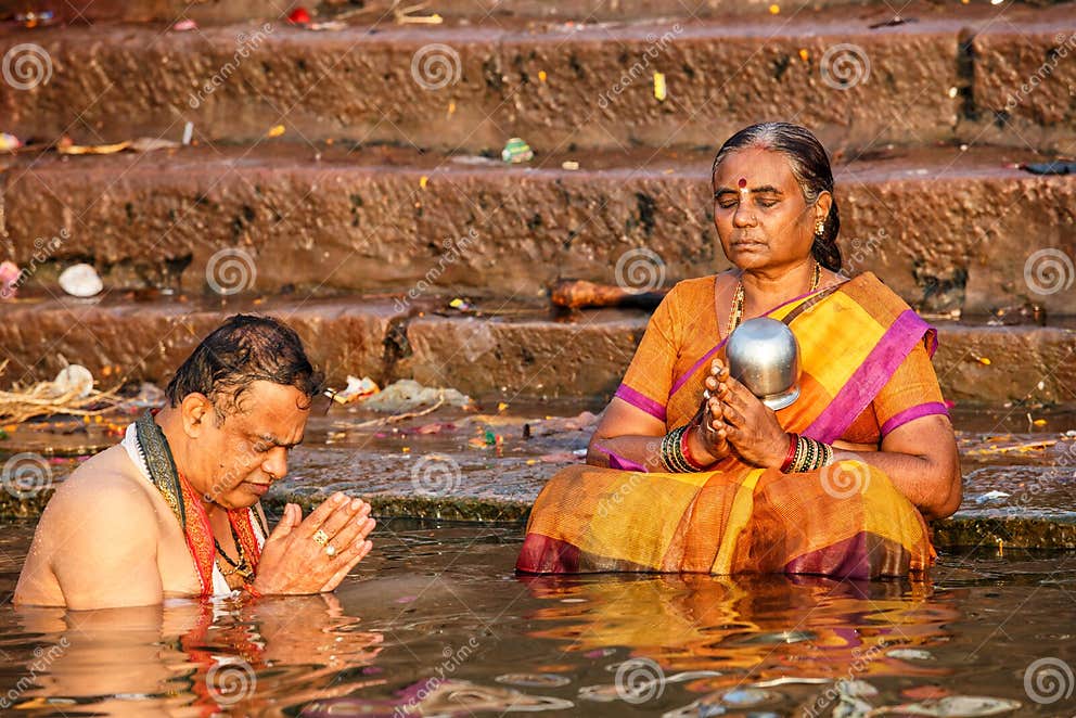 varanasi india march unidentified indian people bathing doing spiritual ceremonies ghats holy river ganges 154426159