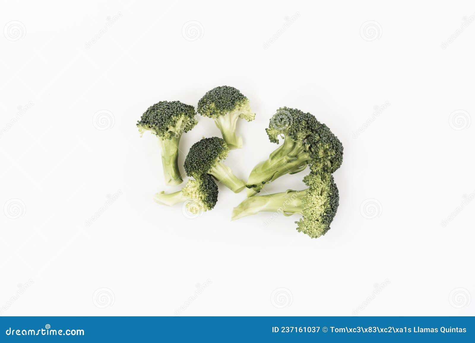 several small green broccoli twigs with raw stem on plain white background