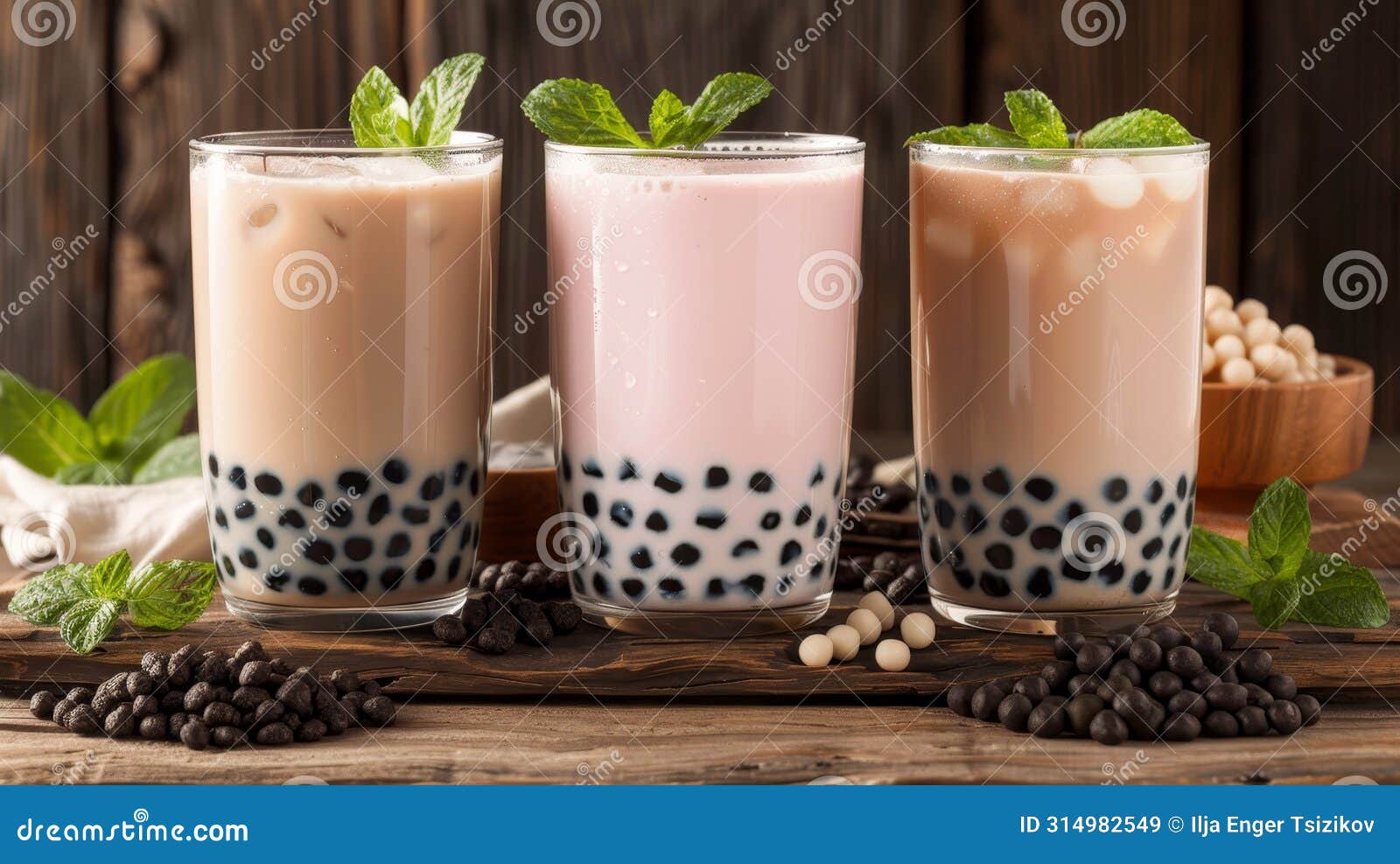Varieties of Oolong Tea Iced Bubble Tea, Milk Tea with Tapioca, and